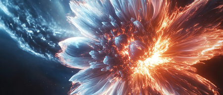 A colossal flower comet blooming midflight, petals of ice and plasma glowing, photorealistic cinematic styleの素材
