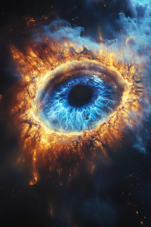 A glowing comet shaped like an eye, bright iris shining blue, floating through cosmic mistの素材
