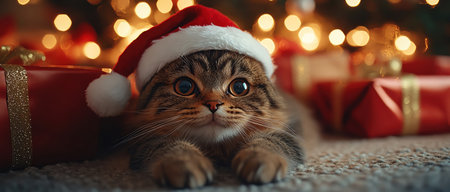 Cat plush toy wearing Santa hat near glowing gift boxes, photorealistic soft toneの素材