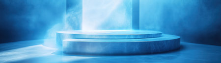 Crystalclear glass podium reflecting soft blue light, cinematic studio setupの素材