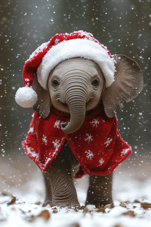 Elephant calf with Santa cape walking through snow, cinematic safari realismの素材