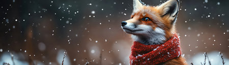 Fox cub in Santa scarf under soft snowfall, cinematic natural lightingの素材