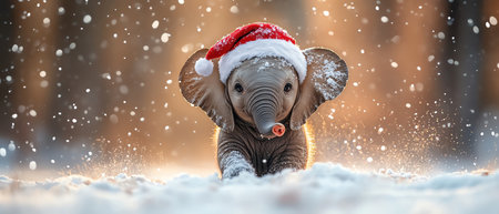 Elephant calf in Santa hat playing in snow, photorealistic toneの素材