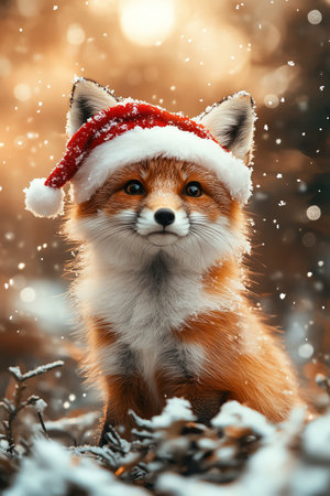 Fox cub in Santa hat surrounded by snow sparkles, cinematic warm lightの素材