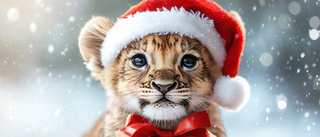 Lion cub wearing Santa hat with gift ribbon, soft holiday background, photorealistic realismの素材