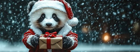 Panda dressed in Santa suit holding gift box, snow falling softly, cinematic photo realismの素材