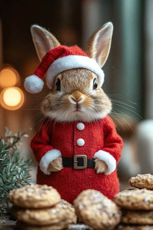 Rabbit in Santa outfit surrounded by Christmas cookies, warm lightingの素材