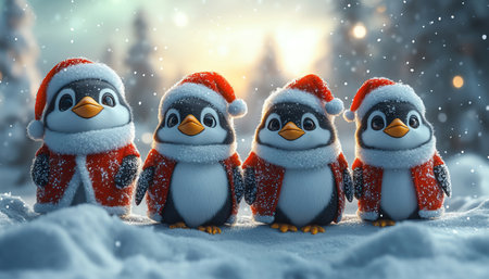 Penguin family in Santa outfits standing under aurora sky, photorealistic toneの素材
