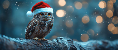Owl in Santa hat perched under moonlight, cinematic forest realismの素材