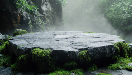 Natural stone podium surrounded by moss and mist, soft morning light, photorealistic realismの素材