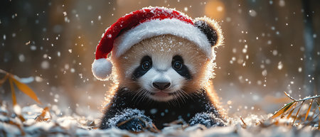 Panda cub with Santa hat in bamboo snowfield, cinematic light realismの素材