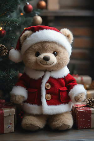 Teddy bear in Santa coat under Christmas tree, gift boxes around, photorealistic soft toneの素材