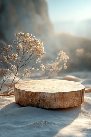 Wooden podium placed on sand, soft sunlight reflections, natural tone photorealismの素材