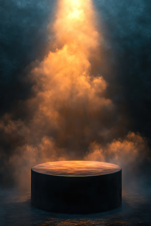 Black podium surrounded by fog, golden spotlight above, cinematic mood realismの素材