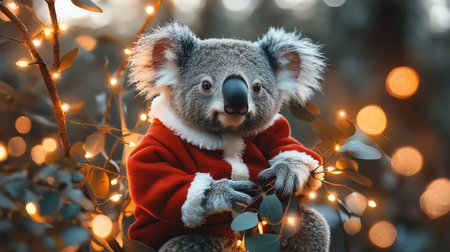 Koala in Santa suit sitting on tree branch, glowing fairy lights, photorealistic soft lightの素材