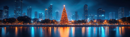 Bankok city square with tropical Christmas tree under night glow, realismの素材