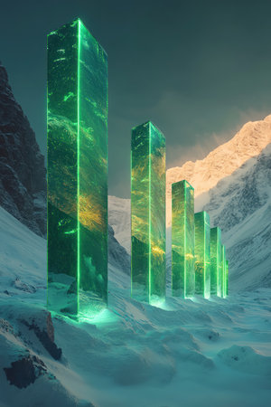 Bars glowing green with upward arrow in snowy mountain valley, clean energy progress realismの素材