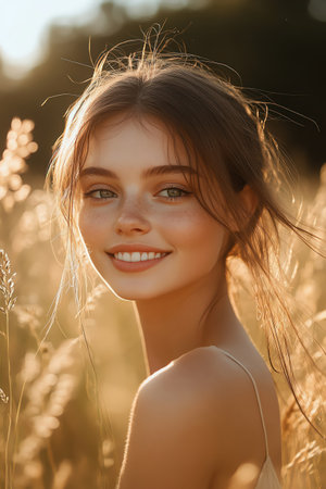 A 25yearold girl model smiling through tall grass field, sunlight bokeh, cinematic realismの素材
