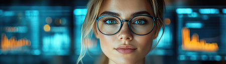 Corporate professionals strategizing near floating analytics screens, cinematic clarityの素材