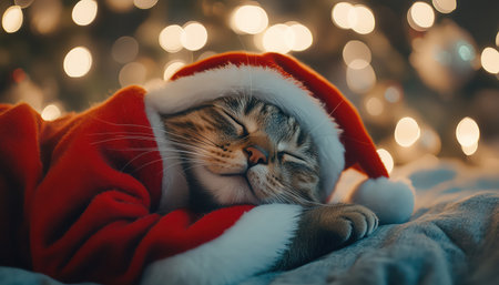 Cat in Santa coat sleeping beside glowing Christmas tree, soft bokeh lights, cinematic realismの素材