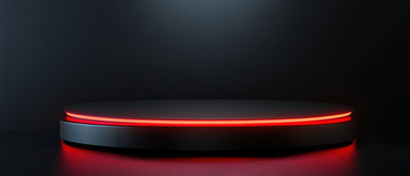 Black podium with red rim light, sleek modern style, photorealistic toneの素材