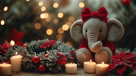 Elephant plush beside Christmas wreath and candles, cinematic cozy detailの素材