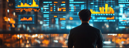 Executive analyzing financial data on holographic charts, photorealistic futuristic toneの素材