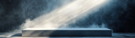 Frosted glass podium with white mist background, cinematic minimalist lightの素材