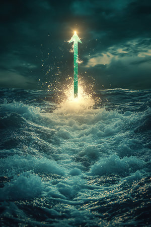Upward arrow above ocean waves with green bars glowing, cinematic sustainability toneの素材