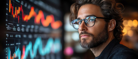 Manager exploring interactive charts in digital workspace, cinematic clarityの素材