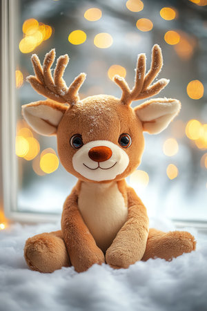 Reindeer plush toy in front of snowy window, golden bokeh lights, photorealistic warmthの素材