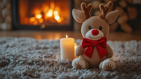 Reindeer plush with red bow near candlelit fireplace, cinematic warm toneの素材
