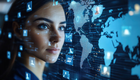 Human resource leaders analyzing online profiles via digital world map, cinematic clarityの素材