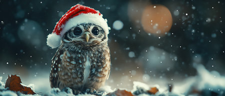 Owl in Santa hat perched under moonlight, cinematic forest realismの素材