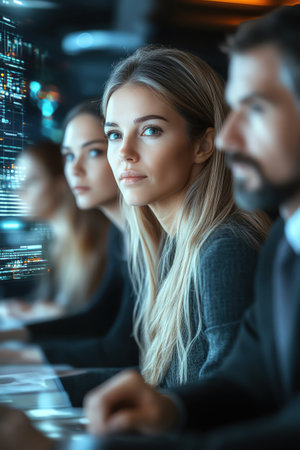 Team using advanced recruitment software with holographic displays, cinematic realismの素材