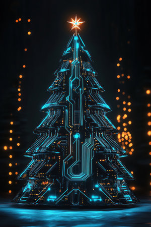 A high-tech glowing Christmas tree featuring neon blue electronic patterns dark backgroundの素材