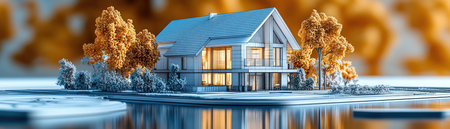 3D architectural model of a house, bluetoned print, detailed rendering, sharp focusの素材