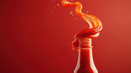 A bottle of tomato sauce magically levitating and spinning midair, with sauce flowing out in a beautiful spiralの素材