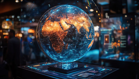 An interactive digital globe display in a tech expo, featuring touchscreen interfaces for exploring innovations across continentsの素材