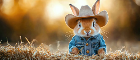 Baby rabbit in denim vest and cowboy hat on hay bale, cinematic clarity toneの素材