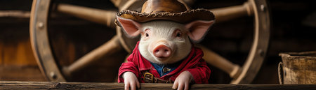 Baby piglet dressed as cowboy beside wagon wheel, photorealistic clarityの素材