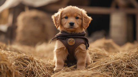 Cute puppy sitting on haystack in cowboy outfit, photorealistic clarityの素材