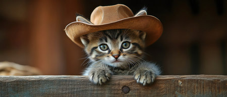 Cute kitten in cowboy hat sitting beside fence, photorealistic clarityの素材