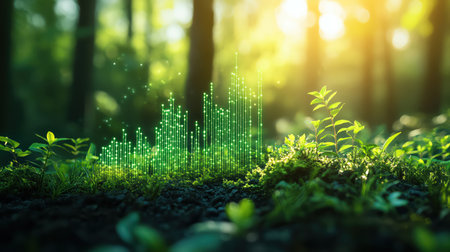 Digital chart showing green bars increasing for sustainability, cinematic realismの素材
