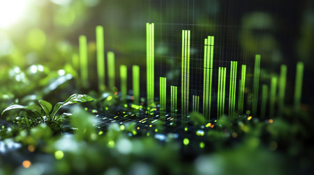 Digital business chart with green bars trending upward, symbol of sustainability, photorealistic toneの素材