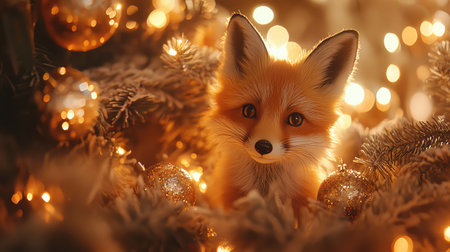 Fox toy surrounded by glowing tree ornaments, cinematic soft lightの素材