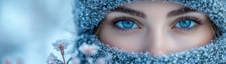 Girl in snow with spring flowers, high contrast, closeupの素材