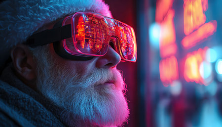 Futuristic Santa wearing AR glasses under neon signs, cinematic realism toneの素材