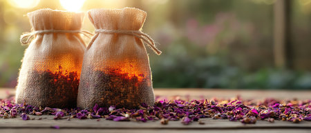 Herbal tea bags with petals, soft focus, warm earthy tonesの素材