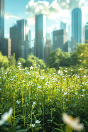 City park, clean skyline behind, photorealistic eco progressの素材